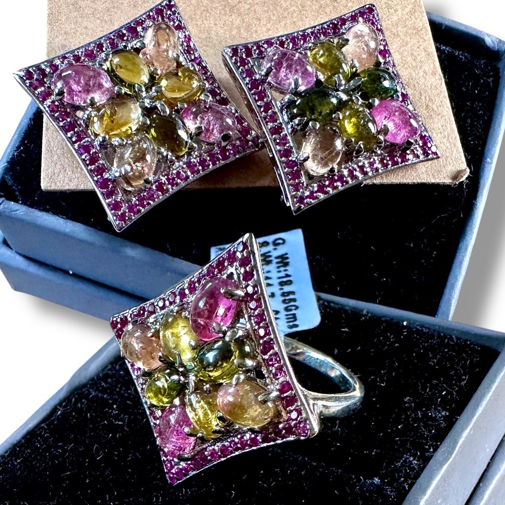 Ruby & Tourmaline Sterling Ring (8) + Earrings Set (3pc) Genuine! Rtl.$860💍NWT